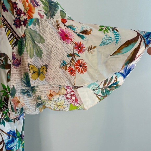 Johnny Was Gorgeous Pink and Blue Floral Kimono with Tie Front, Ruffles - Picture 5 of 11